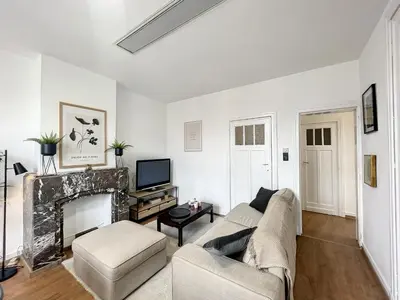 a living room with a couch and a fireplace at Hypercentre 4 in Brussels