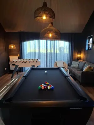 a living room with a pool table in the middle at Landhuys Odette in Retie