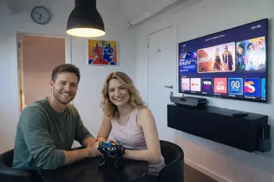 a man and woman sitting at a table playing a video game at Penthouse 40 m2 in Zemst