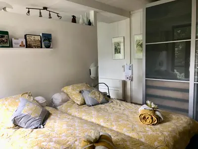 a bedroom with two beds and a window at Linden-Jachthoorn in Lubbeek