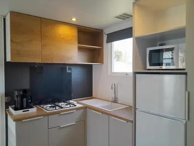 a kitchen with a white refrigerator and a microwave at Vakantiepark Breebos in Rijkevorsel