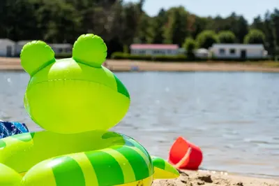 a green inflatable teddy bear sitting on the beach at Vakantiepark Breebos in Rijkevorsel