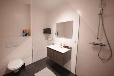 a bathroom with a shower and a toilet and a sink at K&Y suite 1 Brussels airport 500m! in Zaventem