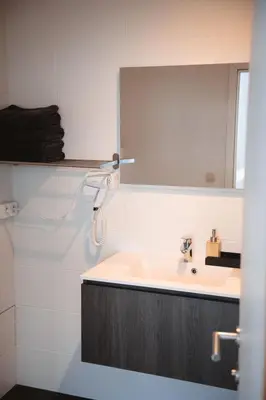 a bathroom with a sink and a mirror at K&Y suite 1 Brussels airport 500m! in Zaventem