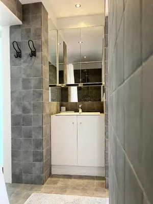 a bathroom with a sink and a mirror at Trendy & sunny apartment in Ghent in Ghent