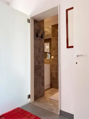 a bathroom with a walk in shower next to a door at Trendy & sunny apartment in Ghent in Ghent