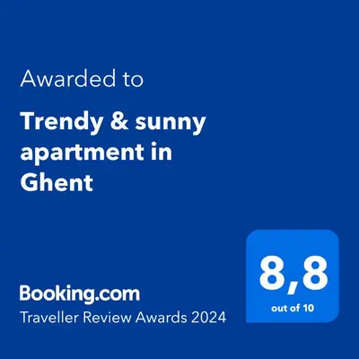 a screenshot of a phone with the text awarded to friendly sunny appointment in client at Trendy & sunny apartment in Ghent in Ghent