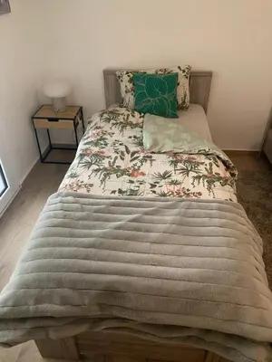 a bedroom with a large bed with a blanket at Comme à la Maison in Brussels