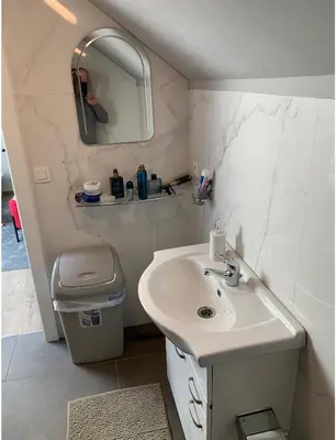 a bathroom with a sink and a mirror at Un sommeil paisible in Brussels