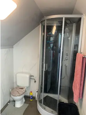 a bathroom with a shower and a toilet at Un sommeil paisible in Brussels