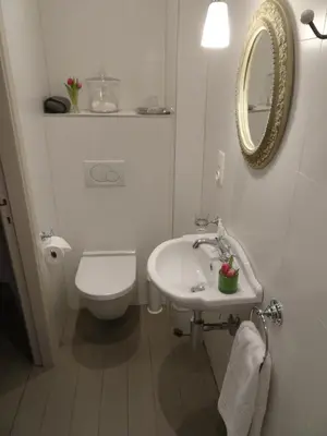 a white bathroom with a toilet and a sink at Guesthouse Alizée in Leuven