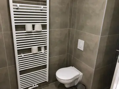 a bathroom with a white toilet in a room at Apartment Brussels Airport and NATO OTAN in Machelen