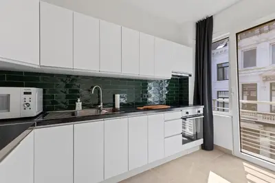 a white kitchen with a sink and a microwave at Central & luminous apartment in Antwerp