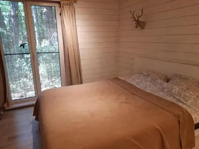 a bedroom with a bed and a large window at Oud-Turnhout Nature Chalet in Oud-Turnhout