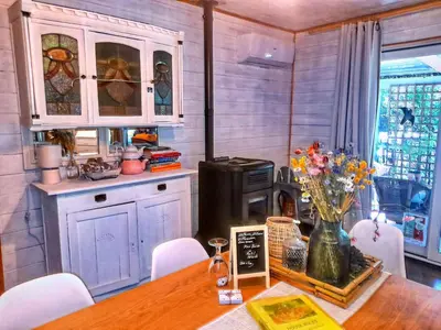 a kitchen with a table with chairs and a stove at Oud-Turnhout Nature Chalet in Oud-Turnhout