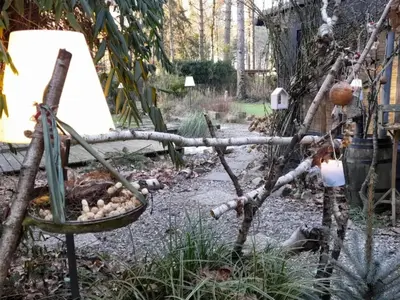 a garden with a chair and a tree branch at Oud-Turnhout Nature Chalet in Oud-Turnhout