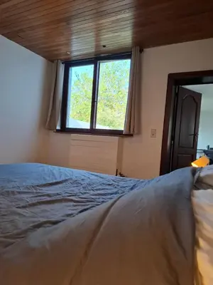 a bedroom with a bed and a window at De Volkswasserij, woning met tuin in Leuven