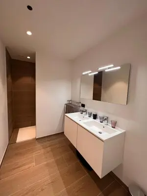 a bathroom with a white sink and a mirror at ApartHotel Dénia in Lochristi