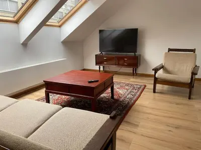 a living room with a couch and a flat screen tv at Spacious app/Antwerp city center #003 in Antwerp