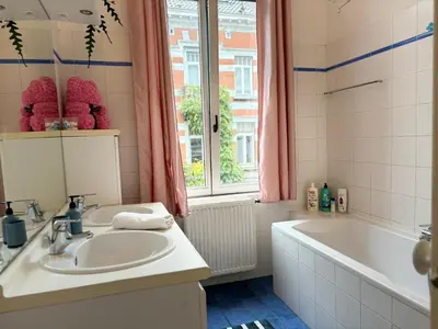 a bathroom with a sink and a tub and a window at L&L Residence 1 in Brussels