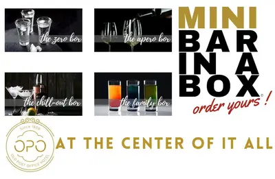 a flyer for a bar in a box with drinks at OPO Hotel in Brussels