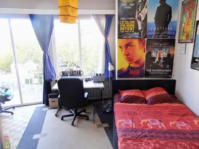 a bedroom with a bed and a desk and windows at ImpactHorizon in Brussels