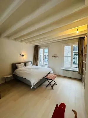 a bedroom with a large bed and two windows at Charmante woning in city center in Antwerp