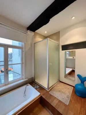 a large bathroom with a tub and a window at Charmante woning in city center in Antwerp