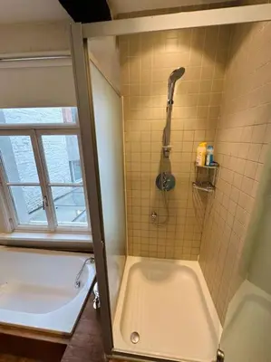 a bathroom with a shower and a bath tub at Charmante woning in city center in Antwerp