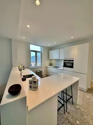 a white kitchen with a counter and a sink at Sunny apartment @theater area in Antwerp