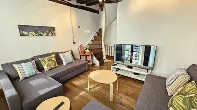 a living room with a couch and a television at CEP ECUYER in Brussels
