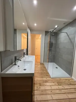 a bathroom with two sinks and a shower at Cosy Nest in Brussels