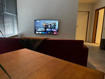 a living room with a couch and a flat screen tv at Budget Flex in Geel