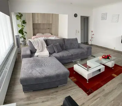 a living room with a couch and a coffee table at Zwarte Arend AirBnB in Antwerp