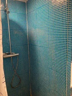 a bathroom with a blue tiled wall with a shower at Gastroatelier in Gooik
