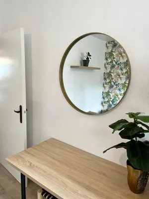 a mirror on a wall with a table and a plant at Vilvoorde city center in Vilvoorde