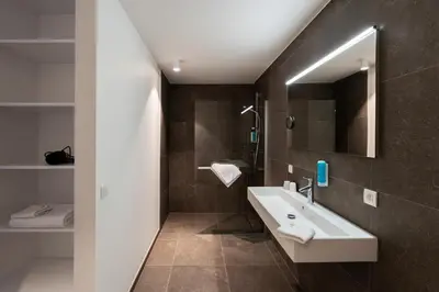 a bathroom with a sink and a mirror at Befour Vakantiewoning in Aalst