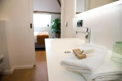 a bathroom with a sink and towels on a counter at B&B Kraneveld in Haacht