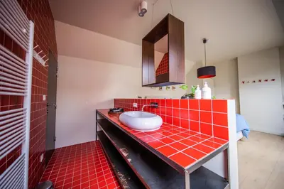 a red bathroom with a sink and red tiles at Casa Mina - Dok Noord Ghent in Ghent