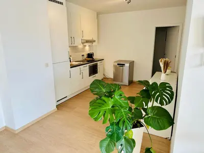 a kitchen with a plant in the middle of a room at Urbanstay Suites - Grand Place 2 Bd Apartment in Brussels