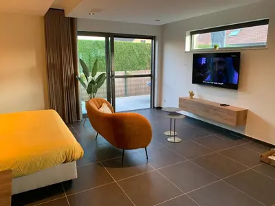 a bedroom with a bed and a tv and a chair at Q Guesthouse in Herzele