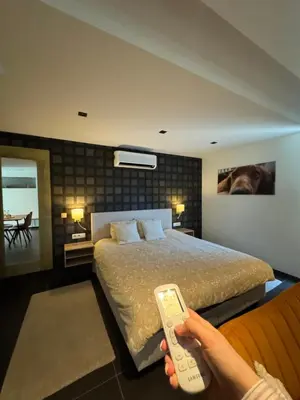 a person holding a remote control in a bedroom at Q Guesthouse in Herzele