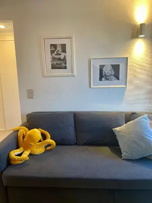 a yellow stuffed animal sitting on top of a blue couch at The Doors City Park House in Ghent