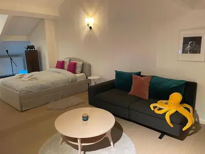 a living room with a couch and a bed at The Doors City Park House in Ghent