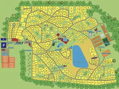 a map of a park with buildings and trees at Imagine Tiny House 325 op Camping GT te Balen in Balen