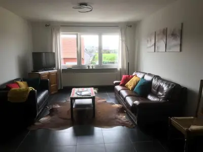 a living room with a leather couch and a coffee table at Fokus Time out in Dessel
