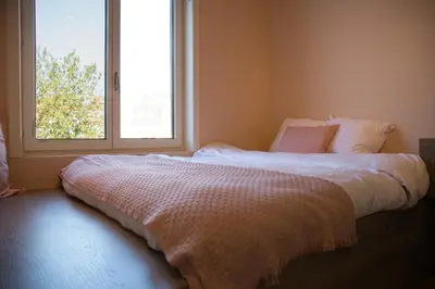 a bedroom with a large bed with a window at Maison d’Arnaud in Ghent