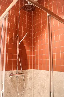 a shower in a bathroom with orange tile at Maison d’Arnaud in Ghent