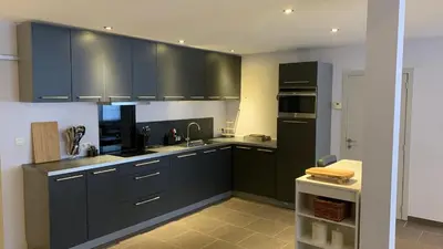 a kitchen with black cabinets and a sink at Ruime studio in Deurne in Antwerp