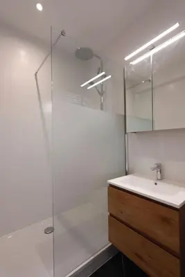 a bathroom with a sink and a glass shower at Plein centre de Waterloo! 2 in Waterloo